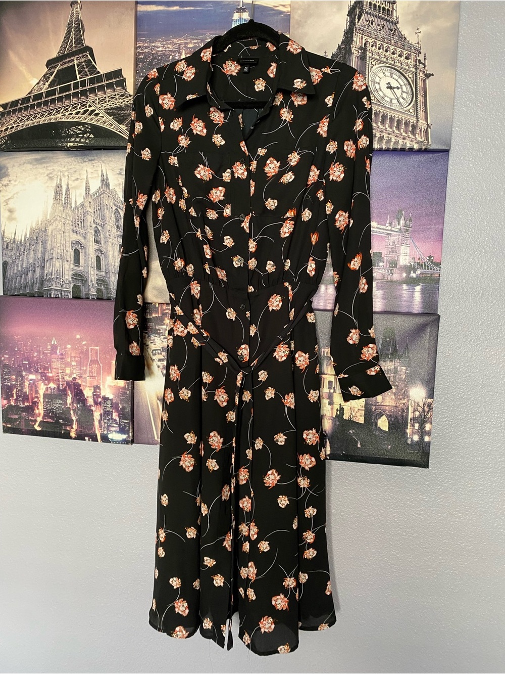 Who What Wear Black Floral Button-Front Tie-Waist Midi Dress
